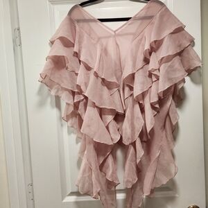 Siu Li Fang Blush Pink Sheer Ruffle Chiffon Boho Fairycore Blouse. Romantic